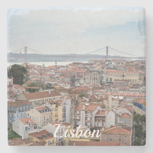 View of Lisbon old town and 25th of April Bridge Stone Coaster