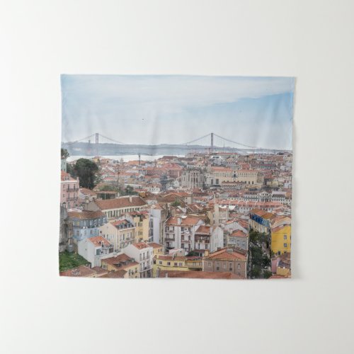 View of Lisbon old town and 25th of April Bridge Tapestry