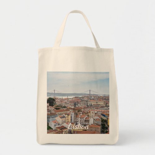 View of Lisbon old town and 25th of April Bridge Tote Bag