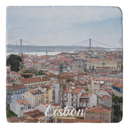 View of Lisbon old town and 25th of April Bridge Trivet