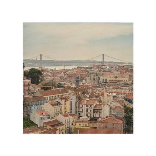 View of Lisbon old town and 25th of April Bridge Wood Wall Art