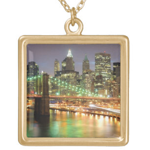 View of Lower Manhattan and the Brooklyn Bridge Gold Plated Necklace