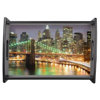 View Of Lower Manhattan And The Brooklyn Bridge Serving Tray by iconicnewyork at Zazzle
