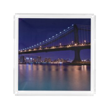 View Of Manhattan Bridge At Night Acrylic Tray by iconicnewyork at Zazzle