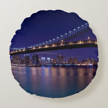 View Of Manhattan Bridge At Night Round Pillow by iconicnewyork at Zazzle
