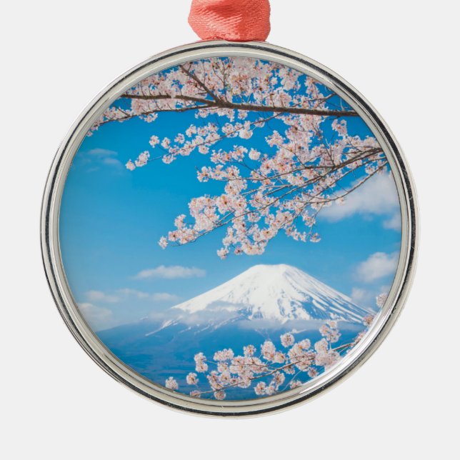 View of Mount Fuji with Cherry Blossoms Metal Ornament (Front)