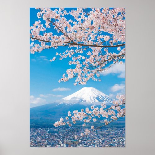View of Mount Fuji with Cherry Blossoms Poster