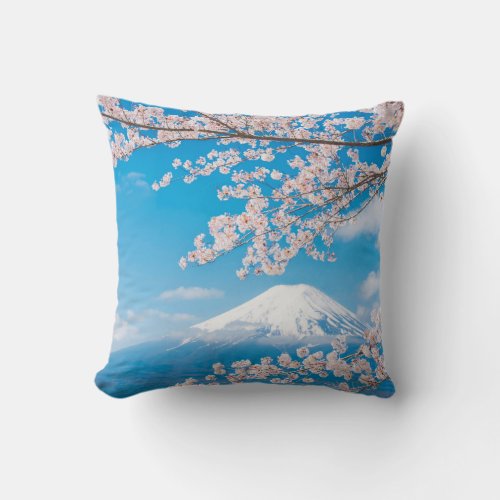 View of Mount Fuji with Cherry Blossoms Throw Pillow