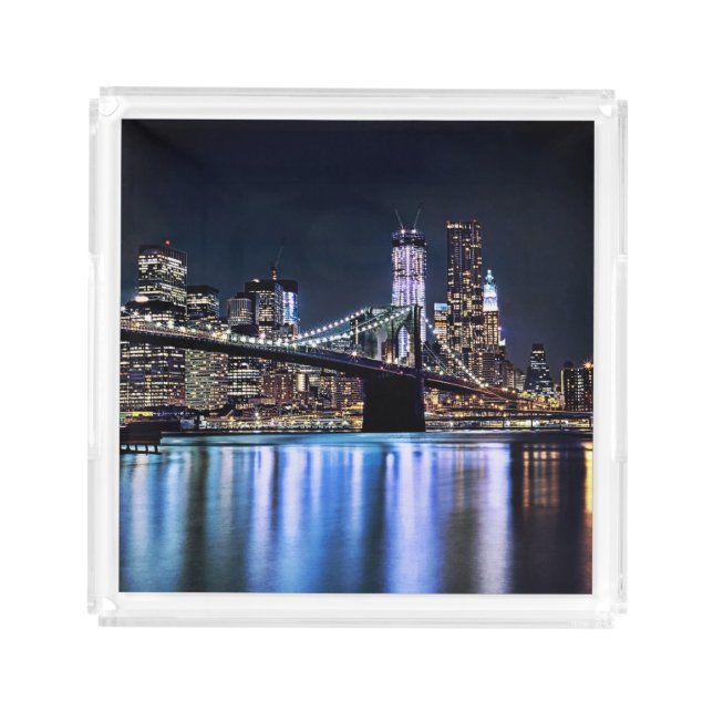 View of New York's Brooklyn bridge reflection Acrylic Tray (Front)