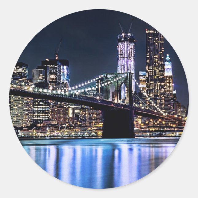 View of New York's Brooklyn bridge reflection Classic Round Sticker (Front)