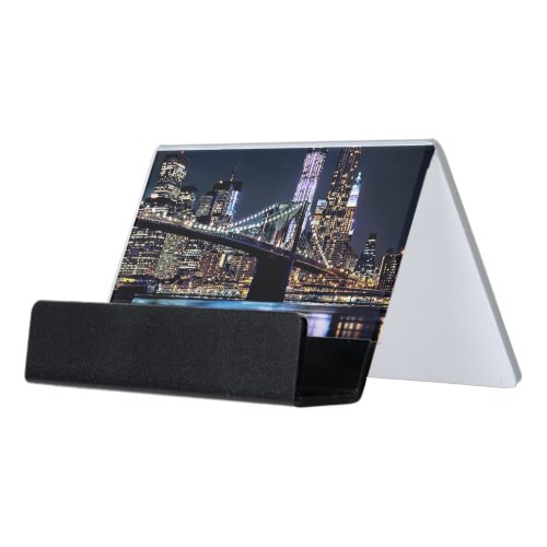 View of New Yorks Brooklyn bridge reflection Desk Business Card Holder