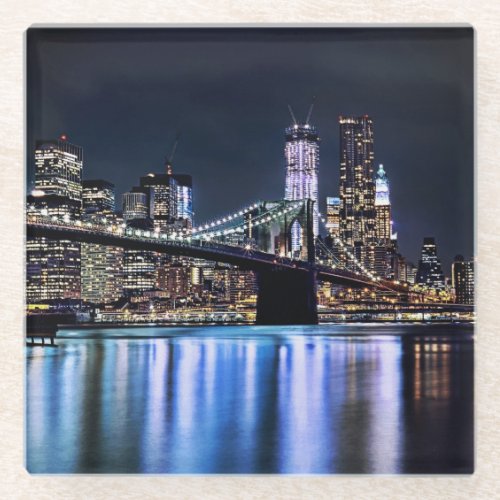 View of New Yorks Brooklyn bridge reflection Glass Coaster