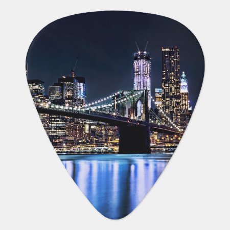 View Of New York's Brooklyn Bridge Reflection Guitar Pick