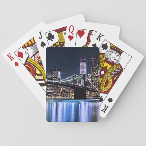 View of New Yorks Brooklyn bridge reflection Playing Cards