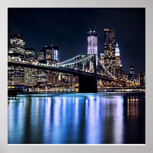 View of New Yorks Brooklyn bridge reflection Poster