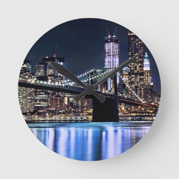 View Of New York's Brooklyn Bridge Reflection Round Clock by iconicnewyork at Zazzle