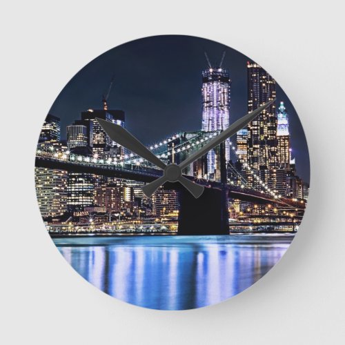 View of New Yorks Brooklyn bridge reflection Round Clock