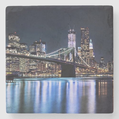 View of New Yorks Brooklyn bridge reflection Stone Coaster