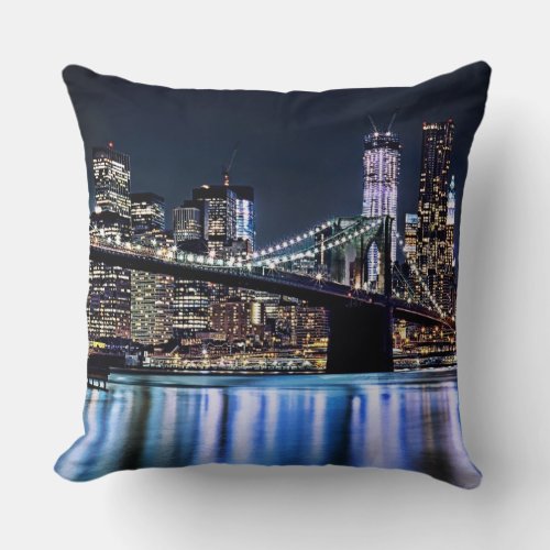 View of New Yorks Brooklyn bridge reflection Throw Pillow