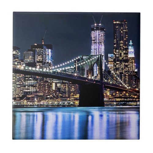 View of New Yorks Brooklyn bridge reflection Tile