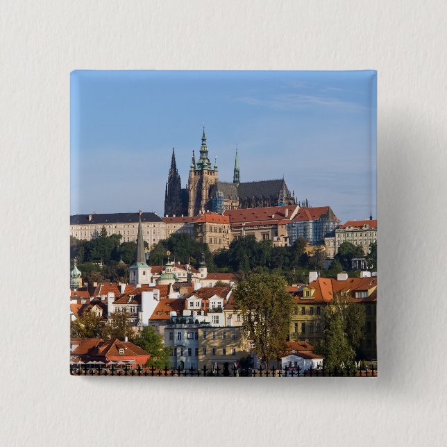 View of old town and Prague castle, Czech Republic Button (Front)