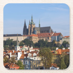 View of old town and Prague castle, Czech Republic Square Paper Coaster