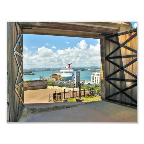View of Open Doors to Harbor with Cruise Ship Photo Print