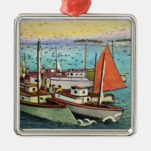 View of Sea Gulls and Ships at the Wharf Metal Ornament
