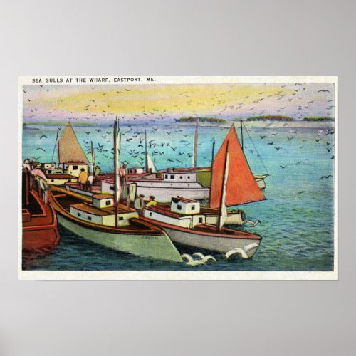 View of Sea Gulls and Ships at the Wharf Poster