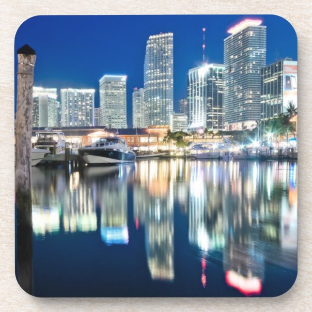 View of skyline with reflection in water, Miami Beverage Coaster (Front)