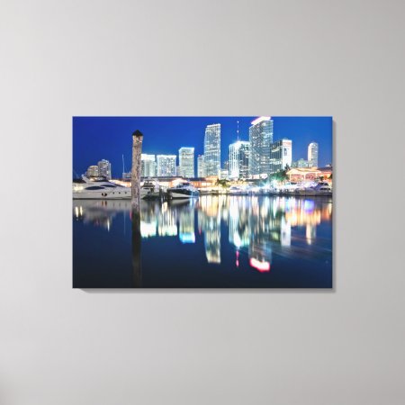 View Of Skyline With Reflection In Water, Miami Canvas Print