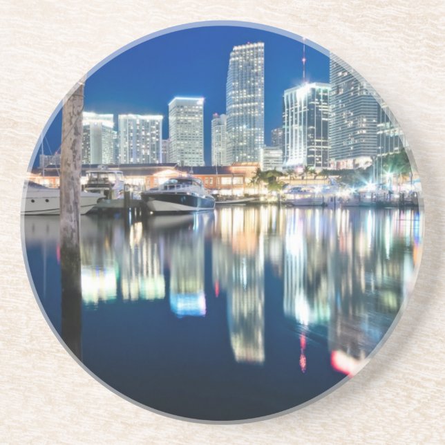 View of skyline with reflection in water, Miami Drink Coaster (Front)