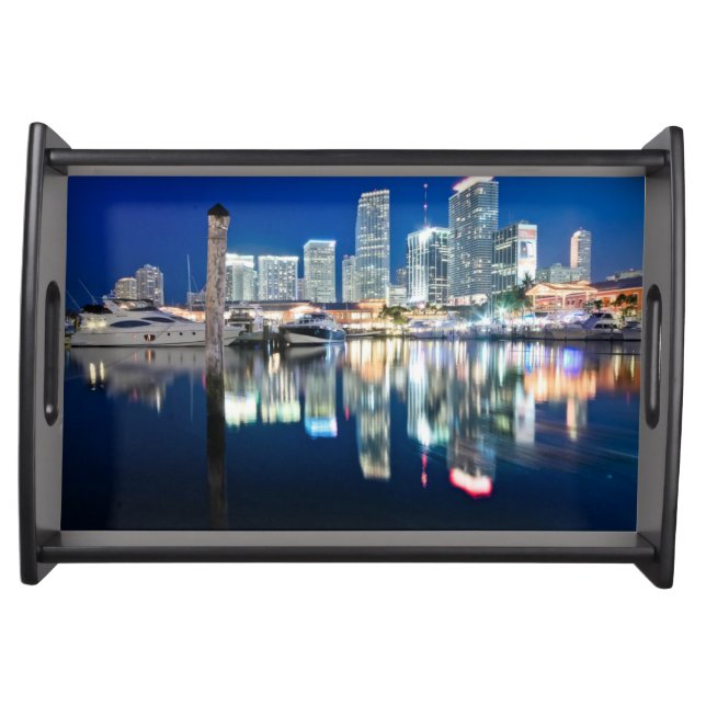 View of skyline with reflection in water, Miami Serving Tray (Front)