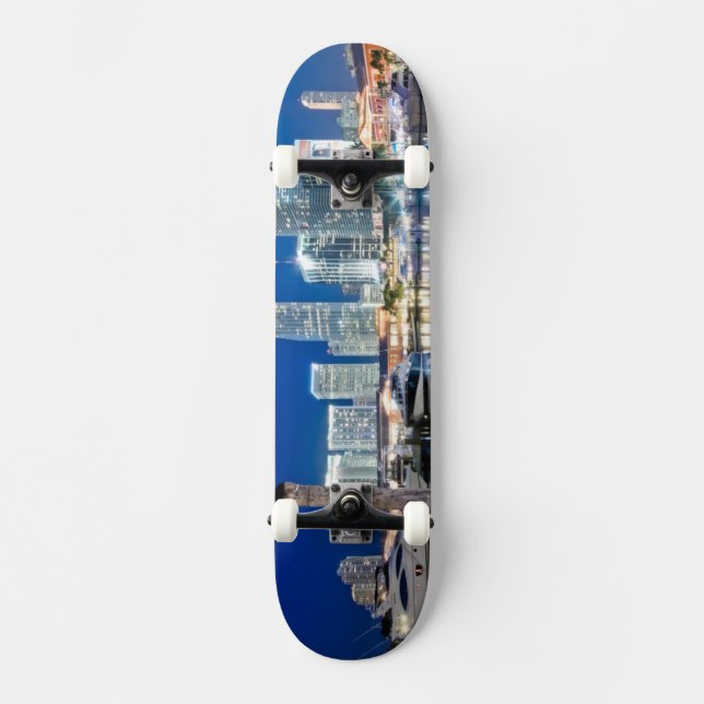 View of skyline with reflection in water, Miami Skateboard Deck (Front)