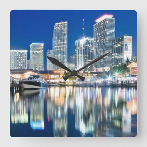 View of skyline with reflection in water Miami Square Wall Clock