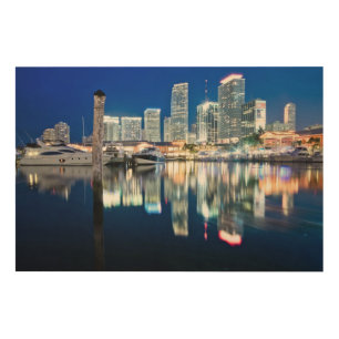 View of skyline with reflection in water, Miami Wood Wall Art