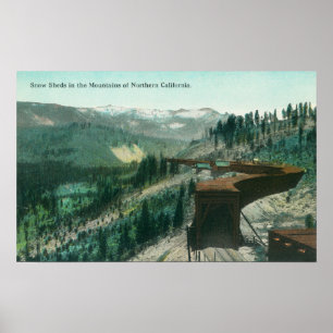 View of Snow Sheds over Train Tracks in Mountain Poster