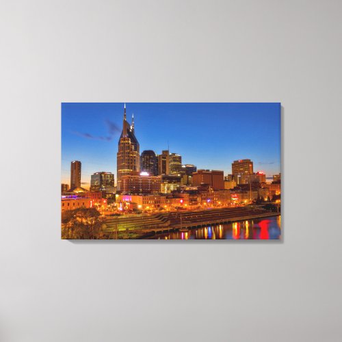 View of the city skyline at dusk canvas print