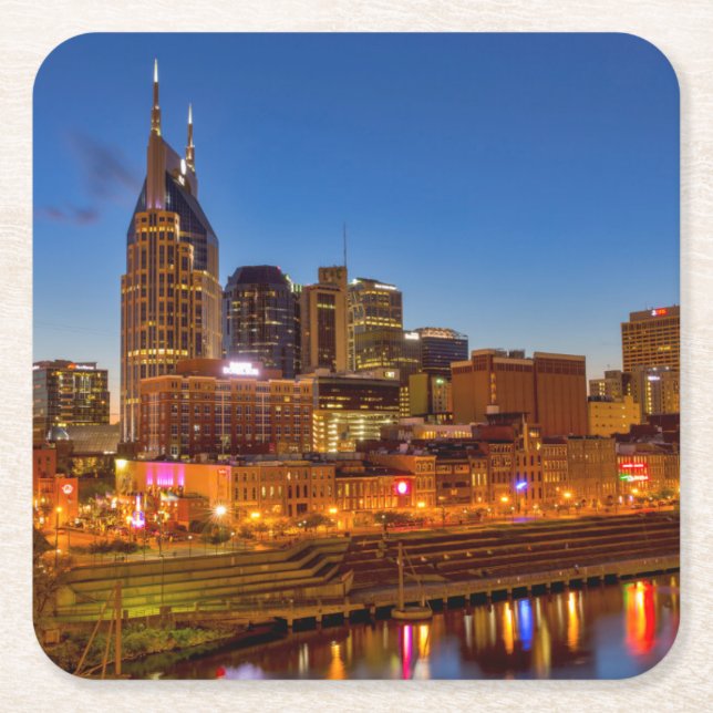 View of the city skyline at dusk square paper coaster (Front)