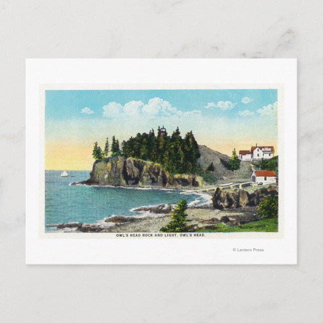 View of the Owl's Head Lighthouse and Owl's Rock Postcard (Front)