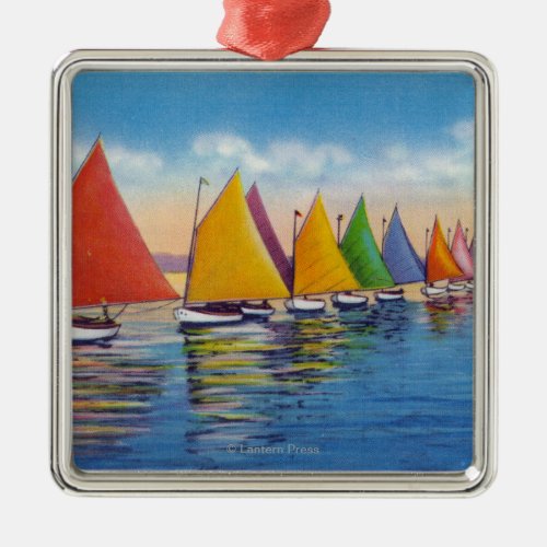 View of the Rainbow Sailboat Fleet Metal Ornament