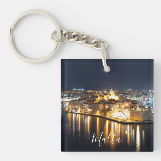 View of Three cities in Malta at night Keychain (Front)