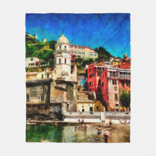 View of Vernazza, Italy. Watercolor painting conte Fleece Blanket
