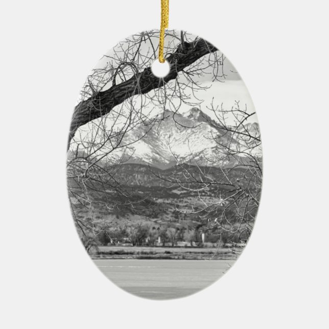 View Through The Trees To Longs Peak BW Ceramic Ornament (Front)