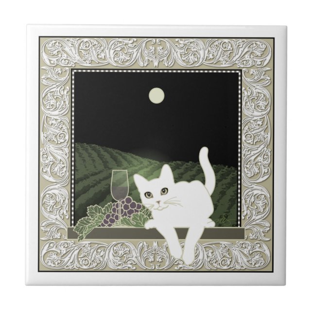 Vigne, Clair de Lune et Chat Blanc Ceramic Tile (Front)