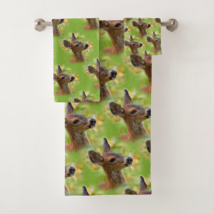 Vignetted Portrait of Smiling Blacktail Deer Fawn Bath Towel Set
