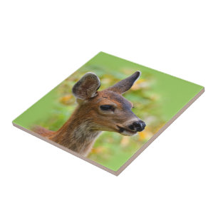 Vignetted Portrait of Smiling Blacktail Deer Fawn Ceramic Tile