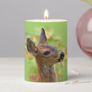 Vignetted Portrait of Smiling Blacktail Deer Fawn  Pillar Candle