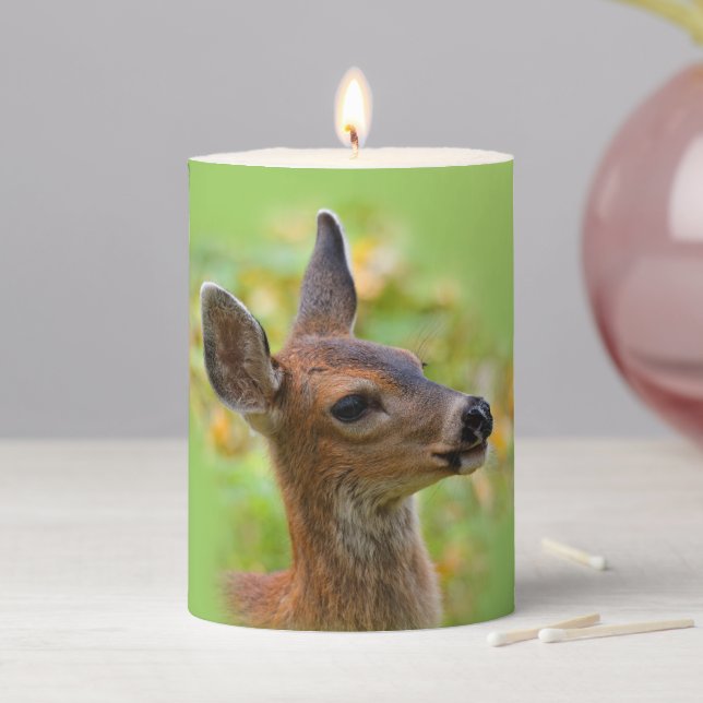 Vignetted Portrait of Smiling Blacktail Deer Fawn  Pillar Candle (In Situ)