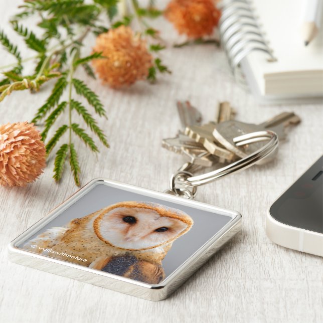 Vignetted Profile of a Serene Barn Owl Keychain (Side)